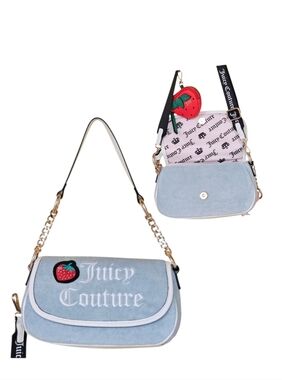 🍓Juicy Light Blue Terry Cloth Bag w/Red Strawberry Bag Charm / Coin Purse - NWT